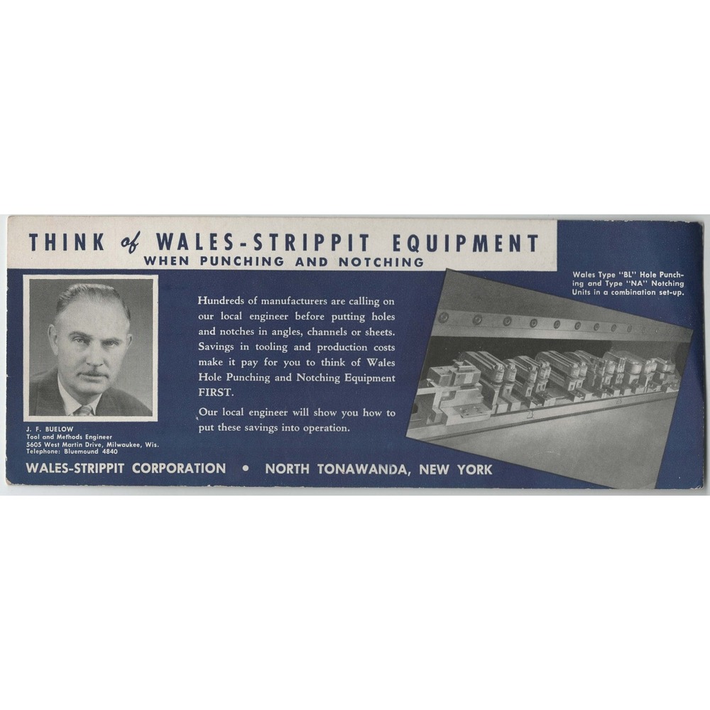 Vintage Wales-Strippit Corporation Industrial Advertisement J. F. Buelow VG - Picture 1 of 2